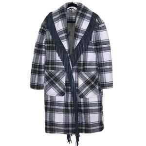 BLANK NYC Fleece Mid Length Coat Green Plaid Collared Fringe Hem Women's XS